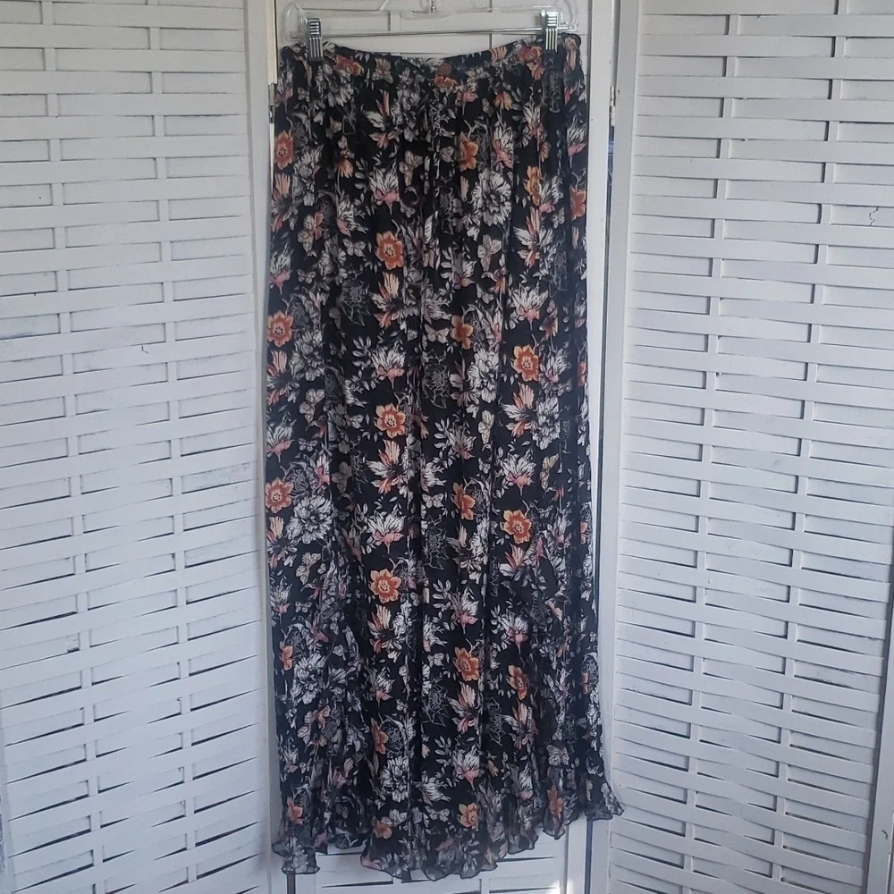 Free People floral wide slit ruffle leg pull up elastic waist women's pants S